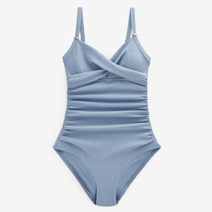 Blue Textured Tummy Shaping Control Swimsuit