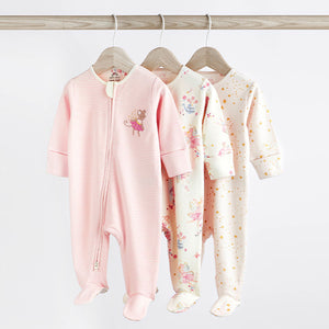 Pink Baby Two Way Zip 100% Cotton Sleespuits 3 Pack (0-12-18mt)