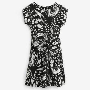 Mono Abstract Butterfly Textured Ruched Front Mini Dress