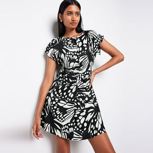 Mono Abstract Butterfly Textured Ruched Front Mini Dress