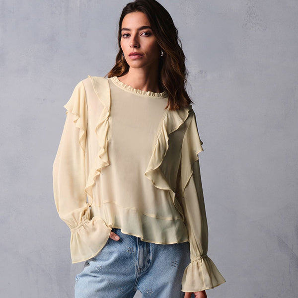 Ecru Ruffle Long Sleeve Blouse