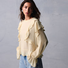 Load image into Gallery viewer, Ecru Ruffle Long Sleeve Blouse
