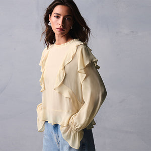 Ecru Ruffle Long Sleeve Blouse