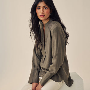Khaki Green Long Sleeve Textured Overhead V-Neck Blouse