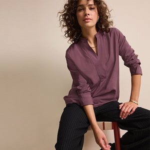 Wine Red Long Sleeve Textured Overhead V-Neck Blouse
