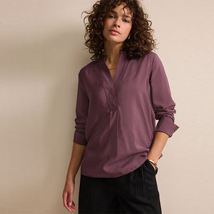 Wine Red Long Sleeve Textured Overhead V-Neck Blouse