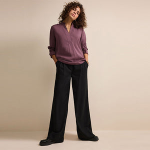 Wine Red Long Sleeve Textured Overhead V-Neck Blouse