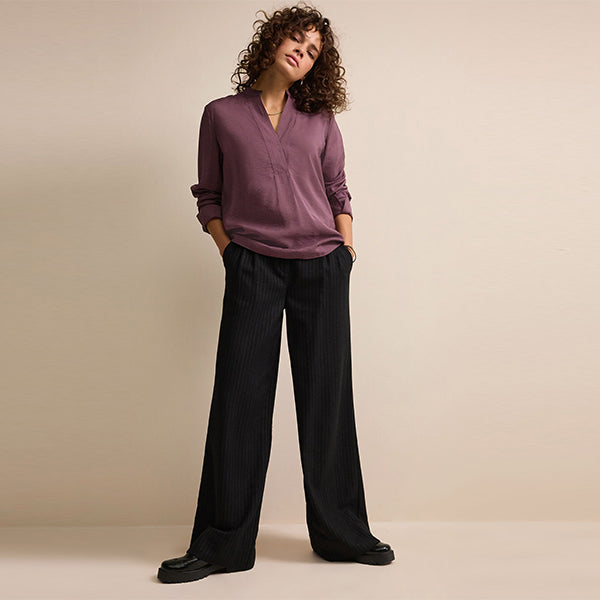 Wine Red Long Sleeve Textured Overhead V-Neck Blouse