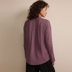 Wine Red Long Sleeve Textured Overhead V-Neck Blouse