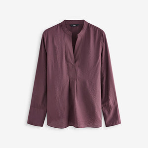 Wine Red Long Sleeve Textured Overhead V-Neck Blouse