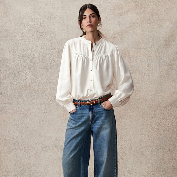 Ecru Washed Ruffle Neck Long Sleeve Blouse