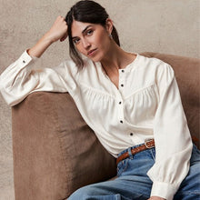 Load image into Gallery viewer, Ecru Washed Ruffle Neck Long Sleeve Blouse
