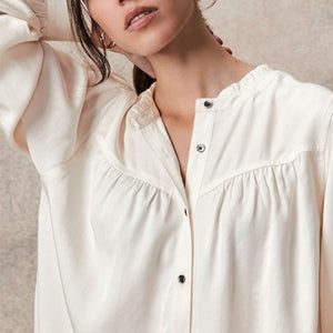 Ecru Washed Ruffle Neck Long Sleeve Blouse