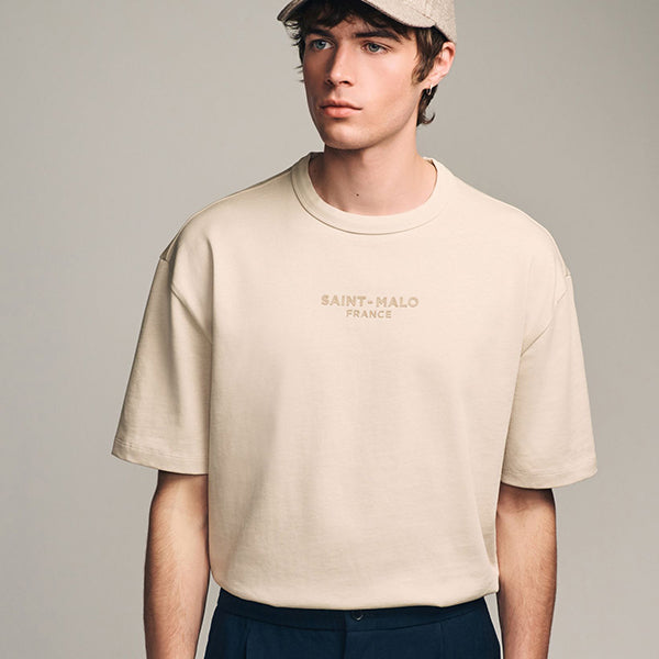 Ecru White Single Relaxed Fit 100% Cotton Graphic Heavyweight T-Shirt
