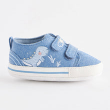 Load image into Gallery viewer, Blue Denim Dinosaur Two Strap Baby Trainers (0-24mths)
