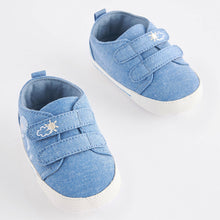 Load image into Gallery viewer, Blue Denim Dinosaur Two Strap Baby Trainers (0-24mths)
