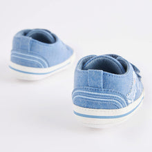 Load image into Gallery viewer, Blue Denim Dinosaur Two Strap Baby Trainers (0-24mths)
