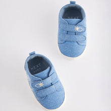 Load image into Gallery viewer, Blue Denim Dinosaur Two Strap Baby Trainers (0-24mths)
