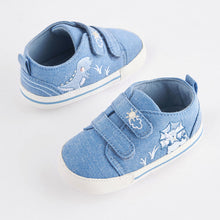 Load image into Gallery viewer, Blue Denim Dinosaur Two Strap Baby Trainers (0-24mths)
