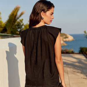 Black Linen Blend Button Down Relaxed Sleeve Top