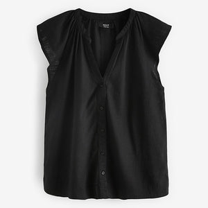 Black Linen Blend Button Down Relaxed Sleeve Top