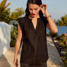 Load image into Gallery viewer, Black Linen Blend Button Down Relaxed Sleeve Top
