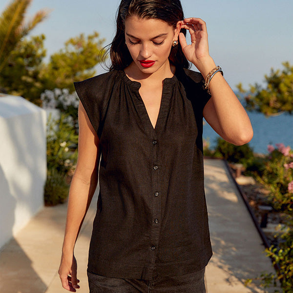 Black Linen Blend Button Down Relaxed Sleeve Top