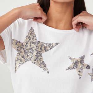 White 100% Cotton Sparkle Sequin Star T-Shirt