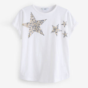 White 100% Cotton Sparkle Sequin Star T-Shirt