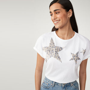 White 100% Cotton Sparkle Sequin Star T-Shirt