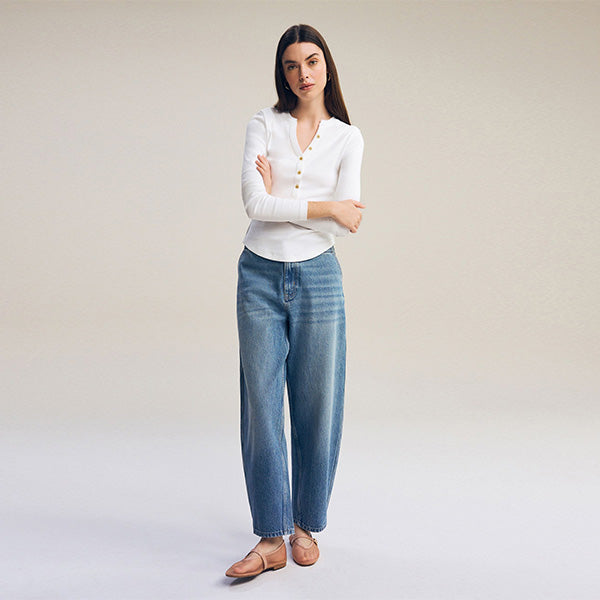 White Ribbed Button Detail Long Sleeve Henley Top