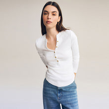 Load image into Gallery viewer, White Ribbed Button Detail Long Sleeve Henley Top
