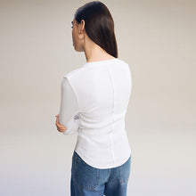 Load image into Gallery viewer, White Ribbed Button Detail Long Sleeve Henley Top
