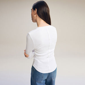 White Ribbed Button Detail Long Sleeve Henley Top