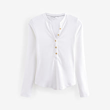 Load image into Gallery viewer, White Ribbed Button Detail Long Sleeve Henley Top
