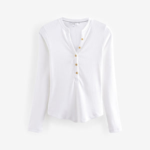 White Ribbed Button Detail Long Sleeve Henley Top