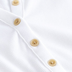 White Ribbed Button Detail Long Sleeve Henley Top