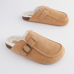 Tan Brown Suede Buckle Mule Slippers