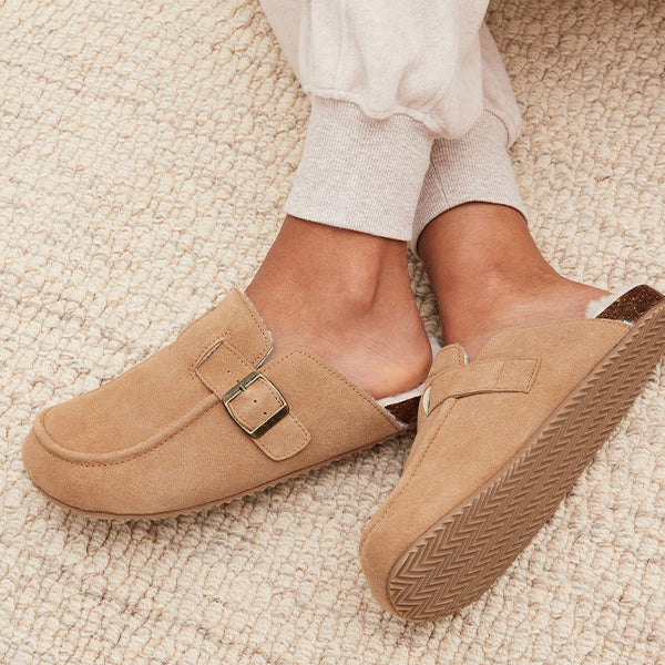 Tan Brown Suede Buckle Mule Slippers