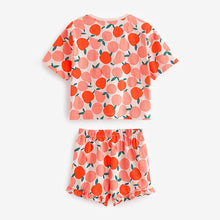 Load image into Gallery viewer, Red/Cream Floral/ Stripe Ruffle Short Sleeve Pyjamas 3 Pack

