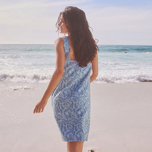 Blue/White Linen Blend Sleeveless Shift Dress