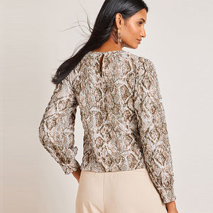 Snake Print Long Sleeve Textured Crew Neck Cuff Blouse