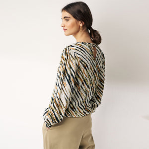 Khaki Green Print Long Sleeve Textured Crew Neck Cuff Blouse