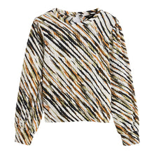 Load image into Gallery viewer, Khaki Green Print Long Sleeve Textured Crew Neck Cuff Blouse
