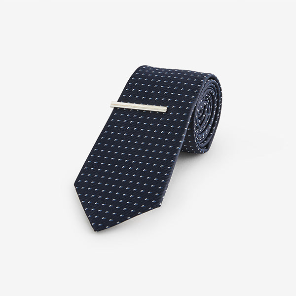 Navy Blue Pattern Tie And Tie Clip