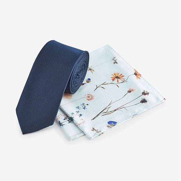 Navy Blue/Light Blue Pressed Flower Slim Tie And Pocket Square Set