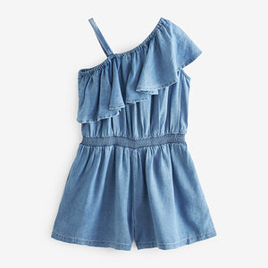 Blue Denim Asymmetric Frill Playsuit