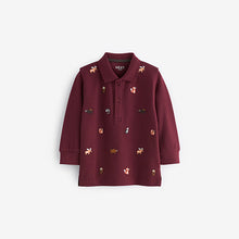 Load image into Gallery viewer, Burgundy Red Long Sleeve Quarter Zip 100% Cotton All-Over Embroidered Polo Shirt (3mths-6yrs)
