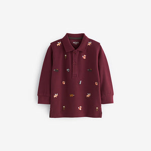 Burgundy Red Long Sleeve Quarter Zip 100% Cotton All-Over Embroidered Polo Shirt (3mths-6yrs)