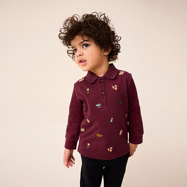 Burgundy Red Long Sleeve Quarter Zip 100% Cotton All-Over Embroidered Polo Shirt (3mths-6yrs)